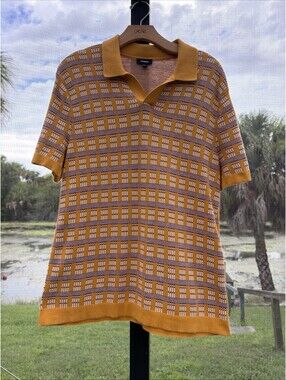 2024 Express Retro Polo Mens Large Gold Patterned SS Cotton Johnny Collar
